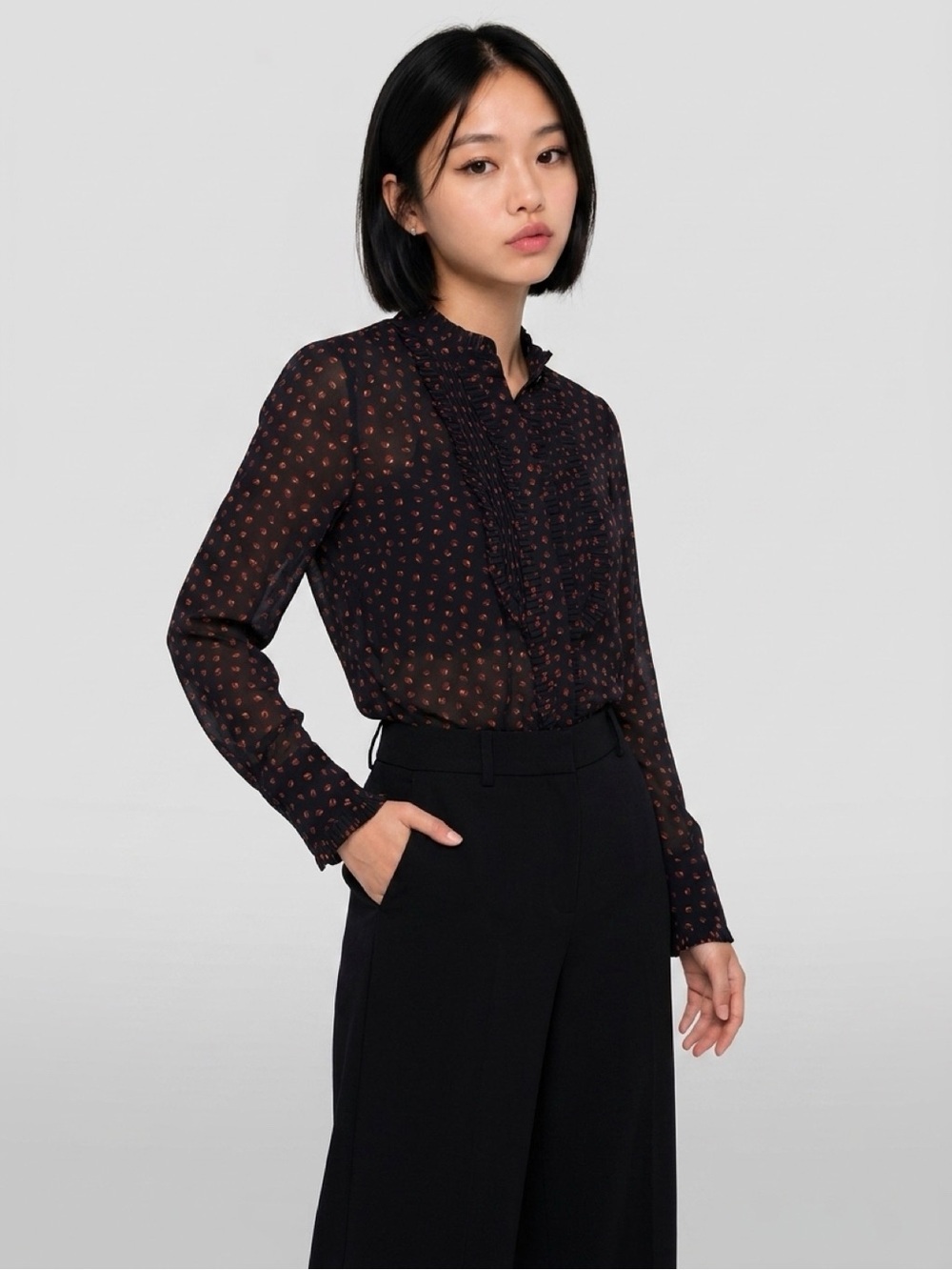 Ann Taylor Navy Sheer Floral Ruffle Blouse